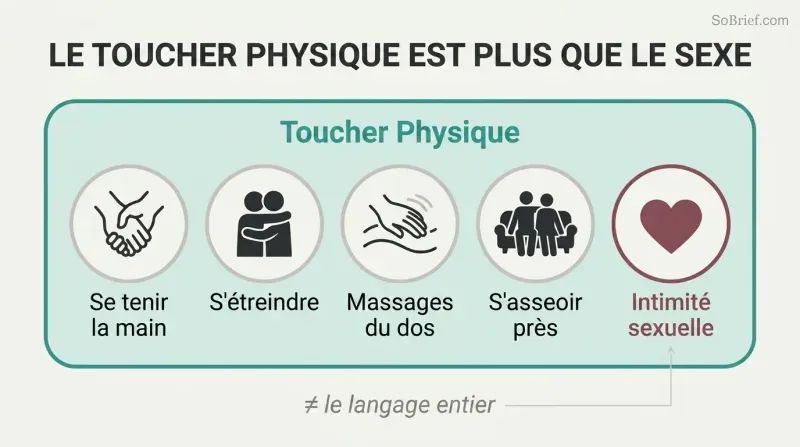 Large circle labeled Physical Touch contains five equally-sized icons for holding hands, hugging, back rubs, sitting close, and sexual intimacy, showing sex as one subset among many.
