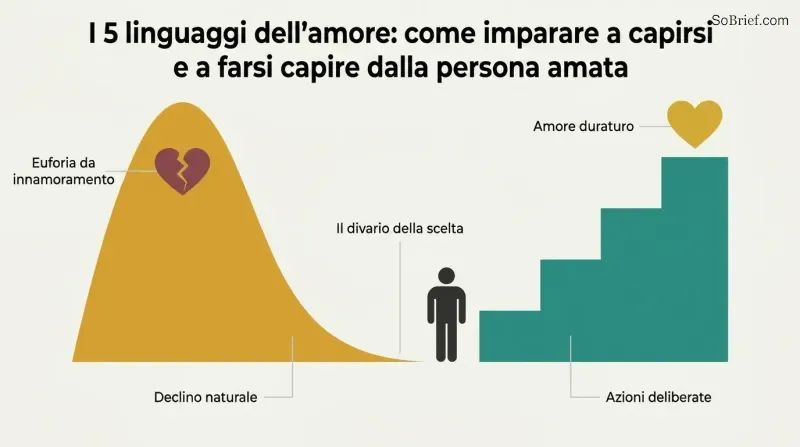 Smooth amber hill declining leftward represents fading euphoria, while an ascending teal staircase of deliberate actions rises rightward toward a gold heart symbolizing lasting love.