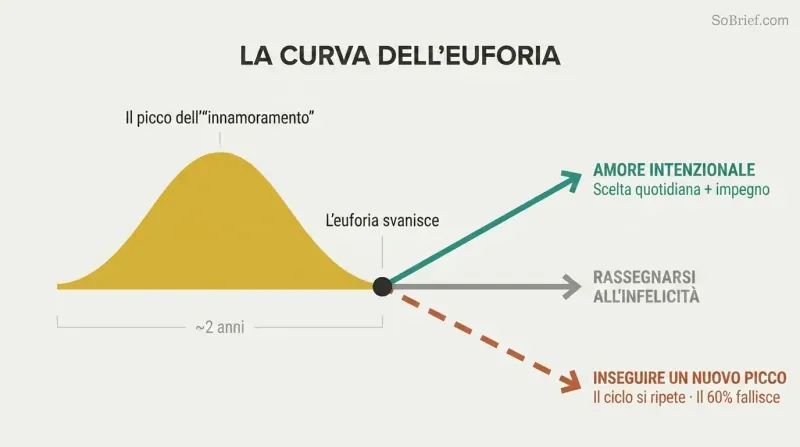 Gold arc of euphoria peaks then fades, splitting into three diverging paths: intentional love, resignation, or repeating the cycle.