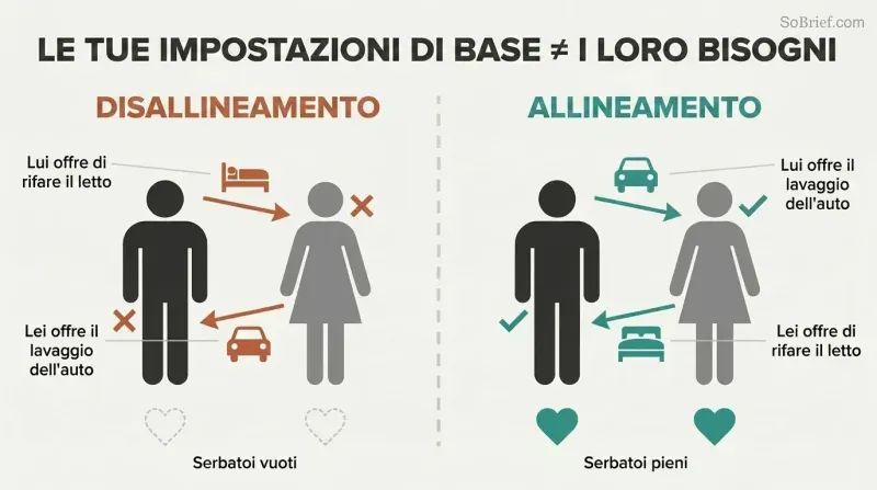 Split panel comparing two spouses exchanging wrong default chores on the left versus exchanging specifically requested chores on the right.