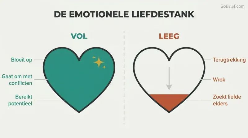 Two heart-shaped love tanks contrasted — one full with thriving outcomes, one nearly empty with withdrawal and resentment.