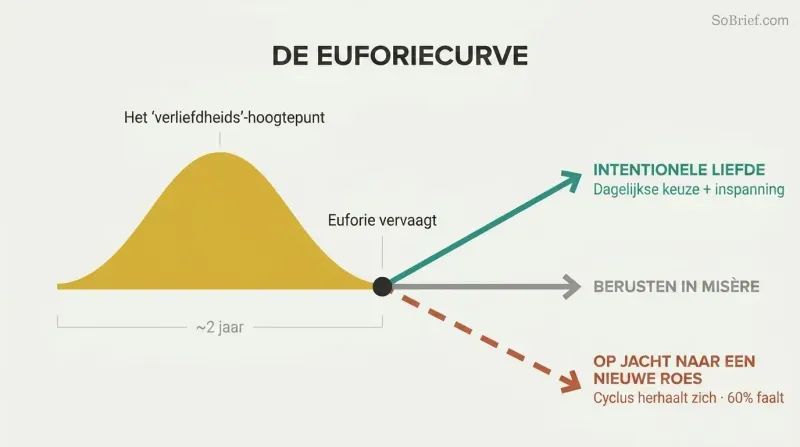 Gold arc of euphoria peaks then fades, splitting into three diverging paths: intentional love, resignation, or repeating the cycle.