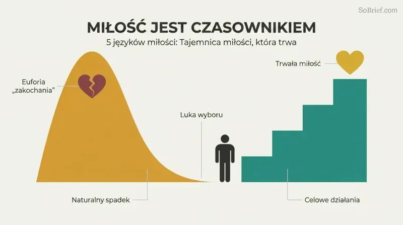Smooth amber hill declining leftward represents fading euphoria, while an ascending teal staircase of deliberate actions rises rightward toward a gold heart symbolizing lasting love.