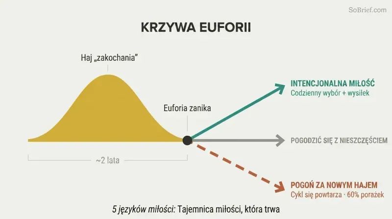 Gold arc of euphoria peaks then fades, splitting into three diverging paths: intentional love, resignation, or repeating the cycle.