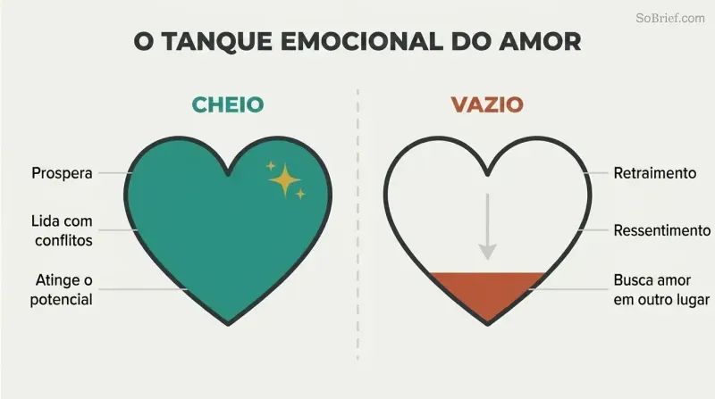 Two heart-shaped love tanks contrasted — one full with thriving outcomes, one nearly empty with withdrawal and resentment.
