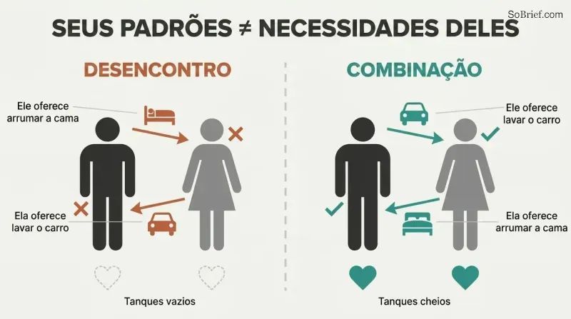 Split panel comparing two spouses exchanging wrong default chores on the left versus exchanging specifically requested chores on the right.