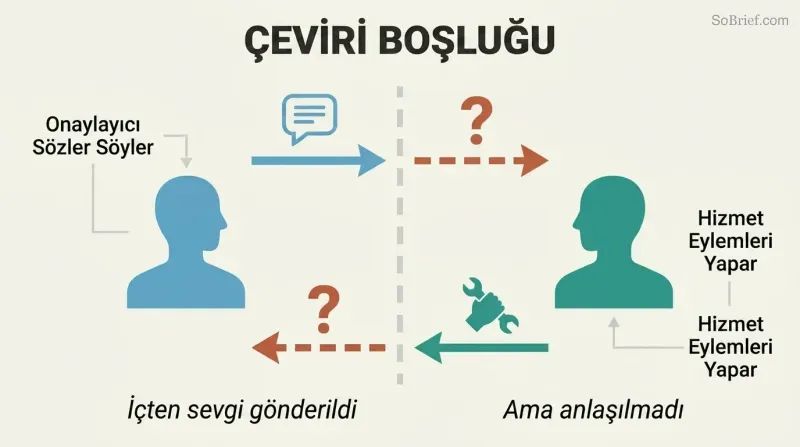 Two figures face each other across a dashed divider, each sending a love language icon that arrives at the other as a question mark, showing mutual miscommunication.