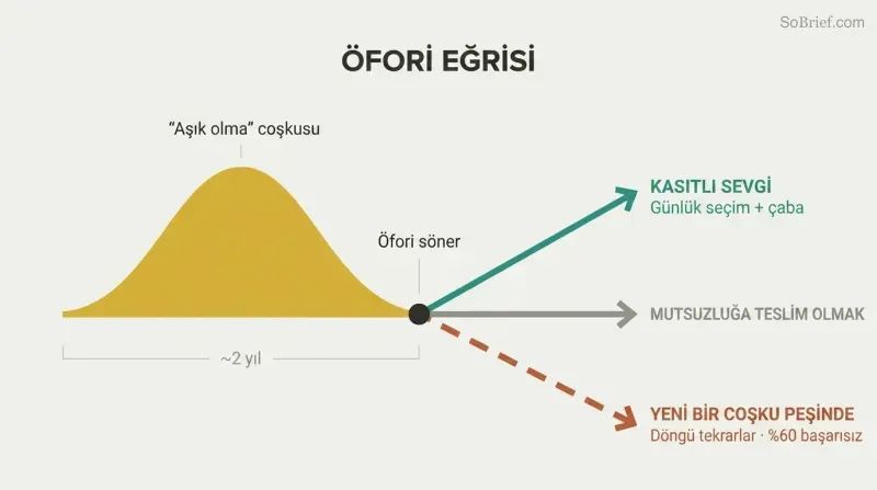 Gold arc of euphoria peaks then fades, splitting into three diverging paths: intentional love, resignation, or repeating the cycle.