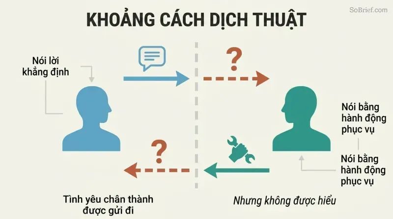 Two figures face each other across a dashed divider, each sending a love language icon that arrives at the other as a question mark, showing mutual miscommunication.