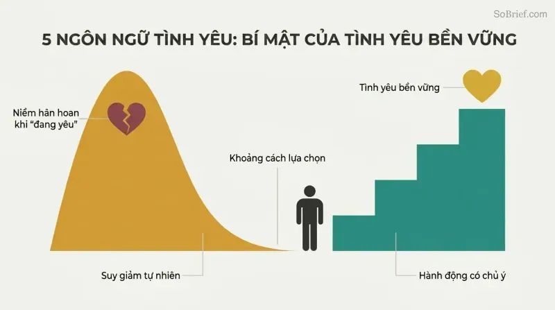 Smooth amber hill declining leftward represents fading euphoria, while an ascending teal staircase of deliberate actions rises rightward toward a gold heart symbolizing lasting love.