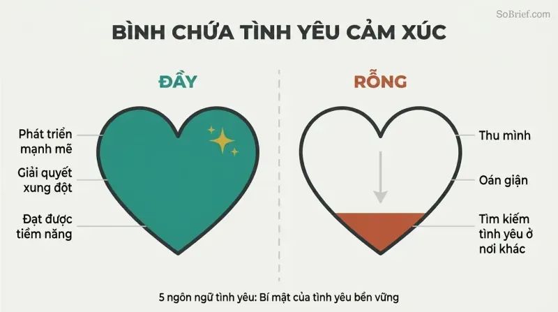 Two heart-shaped love tanks contrasted — one full with thriving outcomes, one nearly empty with withdrawal and resentment.