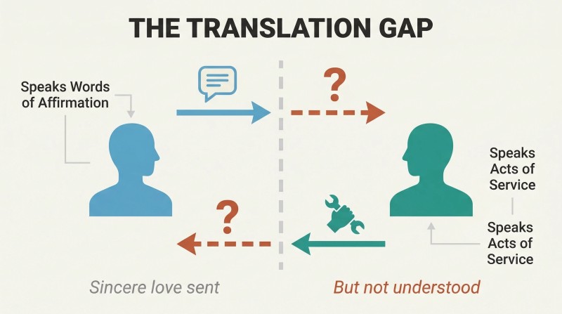 Two figures face each other across a dashed divider, each sending a love language icon that arrives at the other as a question mark, showing mutual miscommunication.