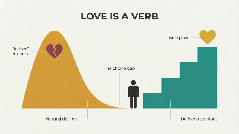Smooth amber hill declining leftward represents fading euphoria, while an ascending teal staircase of deliberate actions rises rightward toward a gold heart symbolizing lasting love.