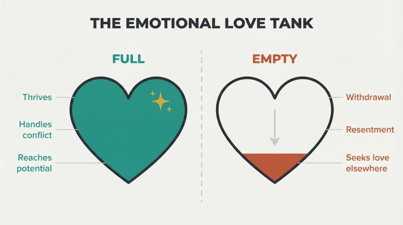 Two heart-shaped love tanks contrasted — one full with thriving outcomes, one nearly empty with withdrawal and resentment.