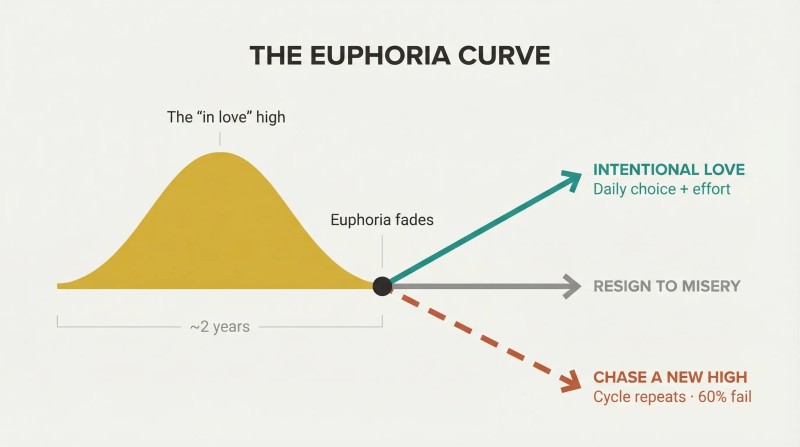 Gold arc of euphoria peaks then fades, splitting into three diverging paths: intentional love, resignation, or repeating the cycle.
