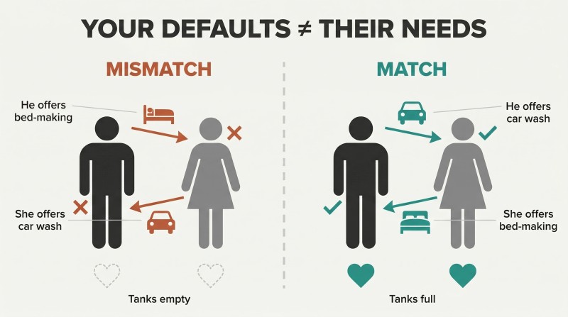 Split panel comparing two spouses exchanging wrong default chores on the left versus exchanging specifically requested chores on the right.