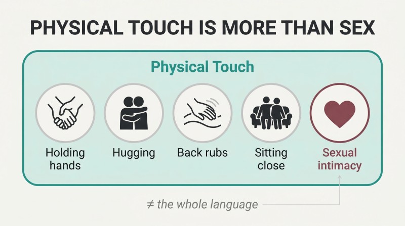 Large circle labeled Physical Touch contains five equally-sized icons for holding hands, hugging, back rubs, sitting close, and sexual intimacy, showing sex as one subset among many.
