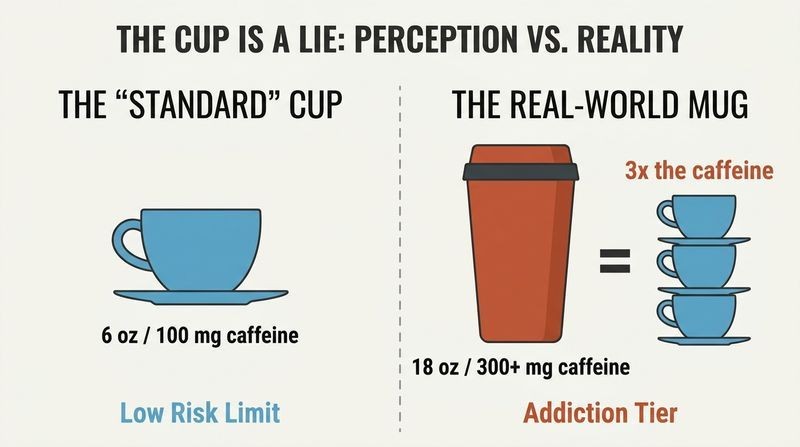 Split diagram comparing a standard six-ounce coffee cup (one hundred milligrams of caffeine) with a real-world eighteen-ounce commuter mug that contains three times as much caffeine (three hundred milligrams).