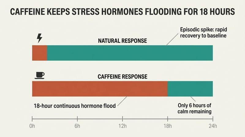Comparative 24-hour timeline diagram showing how natural stress is short and episodic, while caffeine keeps stress hormones elevated for an 18-hour continuous flood.