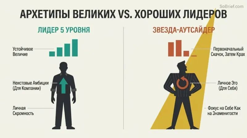 Split panel diagram contrasting a humble Level 5 leader's upward company growth with a celebrity leader's self-centered crash.