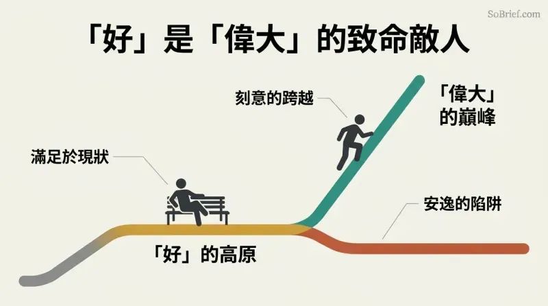 Conceptual landscape showing a flat amber plateau labeled 'The Good Plateau' where a figure rests comfortably, contrasting with a steep teal path branching upward to a soaring 'Great Peak' where another figure actively climbs.