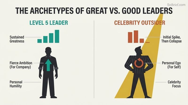 Split panel diagram contrasting a humble Level 5 leader's upward company growth with a celebrity leader's self-centered crash.