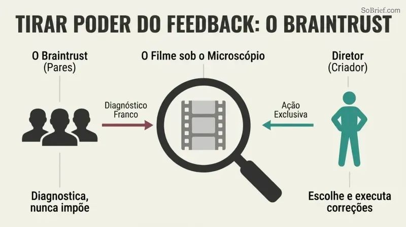 Relational diagram depicting how the Pixar Braintrust analyzes the work under a microscope while the director retains sole decision-making authority.