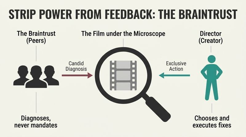 Relational diagram depicting how the Pixar Braintrust analyzes the work under a microscope while the director retains sole decision-making authority.