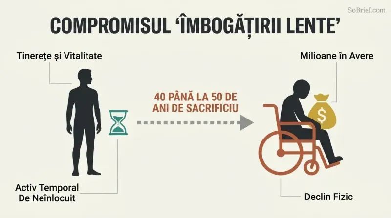 A transformation diagram showing a young person sacrificing their best years, leading to wealth that arrives only in old age in a wheelchair.