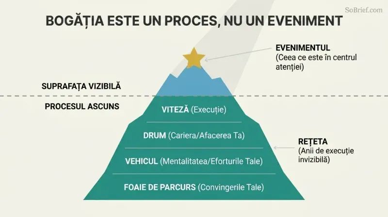 Iceberg diagram showing the tiny visible tip of success labeled 'The Event' above water, while the massive submerged section reveals the stacked layers of 'Process': Speed, Road, Vehicle, and Roadmap.