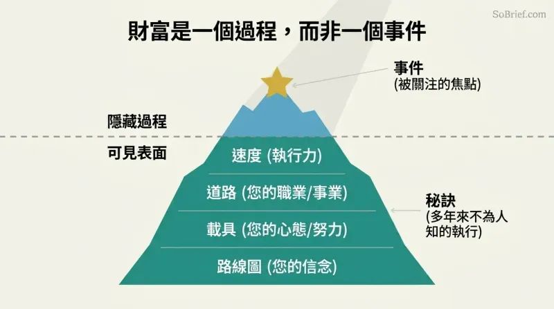 Iceberg diagram showing the tiny visible tip of success labeled 'The Event' above water, while the massive submerged section reveals the stacked layers of 'Process': Speed, Road, Vehicle, and Roadmap.
