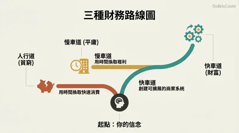 A comparison diagram showing three roads diverging from a central "Beliefs" node at the bottom, with the Sidewalk sloping down to poverty, the Slowlane running flat to mediocrity, and the Fastlane climbing steeply to wealth.