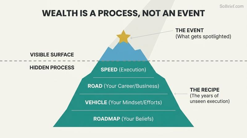 Iceberg diagram showing the tiny visible tip of success labeled 'The Event' above water, while the massive submerged section reveals the stacked layers of 'Process': Speed, Road, Vehicle, and Roadmap.