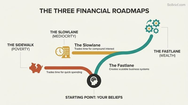 A comparison diagram showing three roads diverging from a central "Beliefs" node at the bottom, with the Sidewalk sloping down to poverty, the Slowlane running flat to mediocrity, and the Fastlane climbing steeply to wealth.