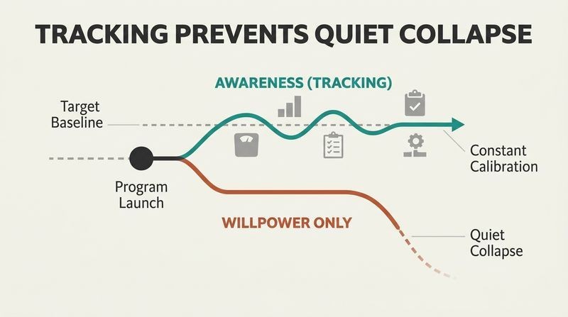 A branching timeline diagram showing a tracked health program maintaining alignment with a target line, while an untracked willpower-only program quietly collapses downward.