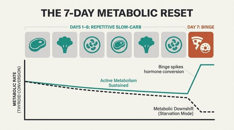 A horizontal timeline aligned with a line graph, illustrating how six days of repetitive slow-carb meals followed by a one-day high-calorie binge prevents metabolic downshift.