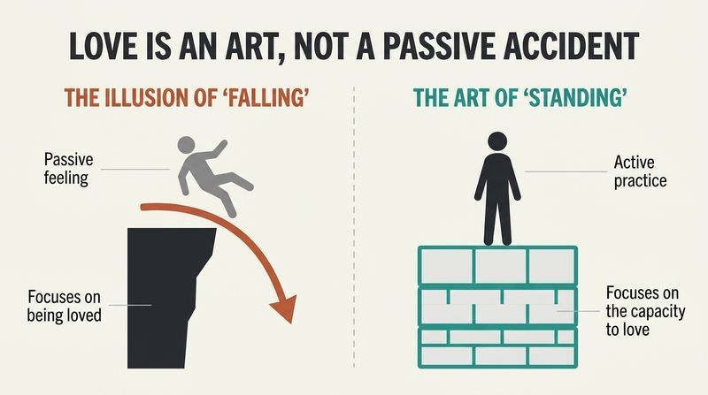 Split-panel diagram contrasting the unstable cliff of "falling in love" with the solid, constructed brick foundation of "standing in love" through practiced skill.