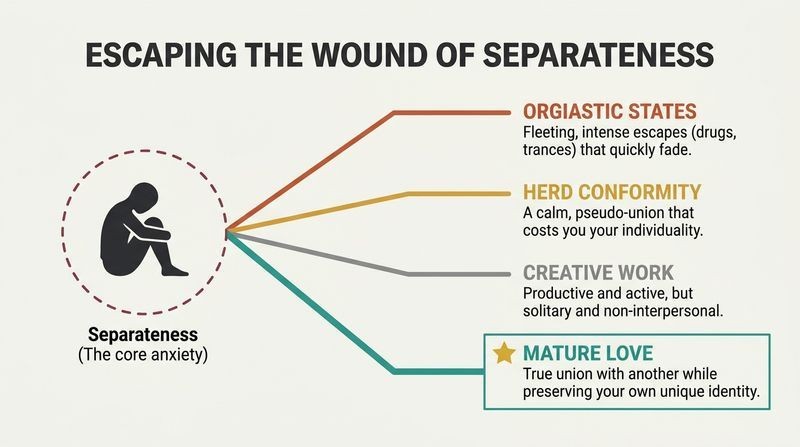 Fork diagram showing how human isolation branches into failed escape routes like conformity and orgiastic states versus mature love, the only complete union.