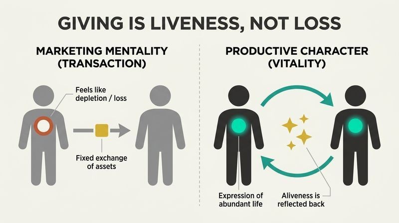 Split-panel diagram contrasting transactional giving as depletion with productive giving as a self-reinforcing loop of shared vitality.