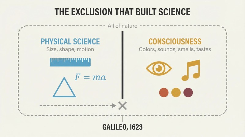 Two zones within nature — physical science's quantitative domain and consciousness — divided by a thick vertical boundary representing Galileo's deliberate 1623 exclusion.