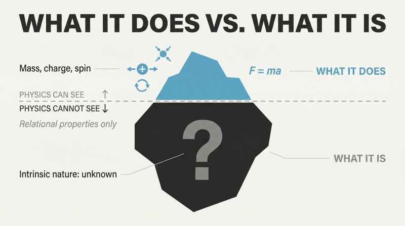 Iceberg diagram showing physics captures only surface behaviors like mass and charge above a dividing line, while the vastly larger intrinsic nature of matter remains hidden below as an unknown.