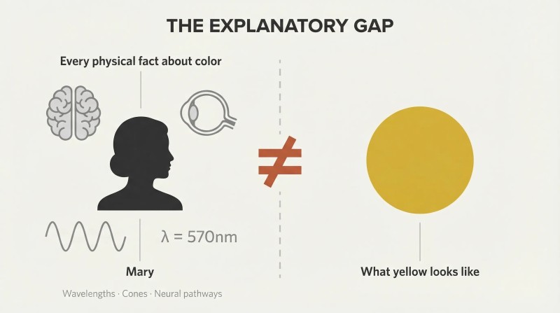 Split panel contrasting a grayscale cluster of complete scientific knowledge about color with a single gold circle representing the irreducible subjective experience of seeing yellow, separated by a barrier with a not-equal symbol.
