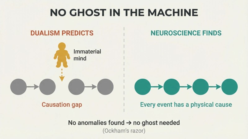 Split panel contrasting a broken neural causal chain with a ghost figure against a complete unbroken chain, showing dualism's prediction versus neuroscience's finding.