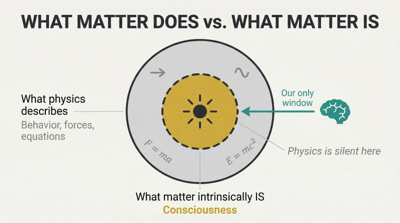 Cross-section of a sphere showing physics describing only the outer shell of matter's behavior while consciousness fills the inner core as matter's intrinsic nature.