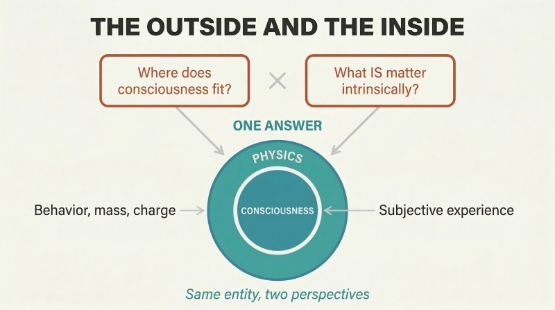 Cross-section of a sphere showing physics as its outer shell and consciousness as its inner core, with two unsolved problems converging into this single unified answer.
