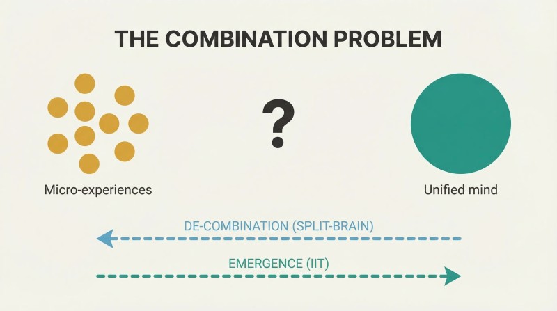 Many small amber dots separated by a large question mark from one teal circle, with two dashed arrows below pointing in opposite directions representing competing research approaches.