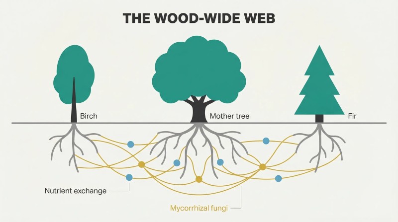 Three trees stand separately above a ground line but connect through a golden mycorrhizal fungal web below, exchanging nutrients across species.