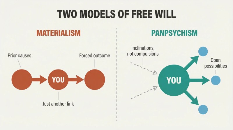 Split panel contrasting materialism's rigid causal chain where the self is just another identical link, with panpsychism's branching model where the self genuinely chooses among open paths.