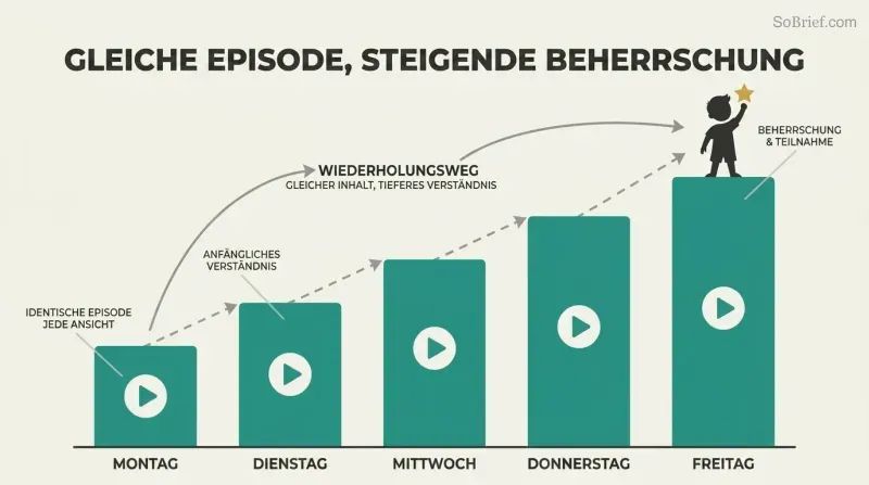 Five ascending teal bars labeled Monday through Friday, each containing an identical play-button icon at the same height, showing how repeating the same episode produces rising comprehension.