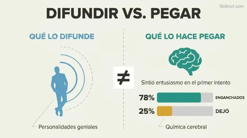Split panel contrasting social influence radiating from a cool personality on the left with a brain icon and buzz-response proportion bars on the right, divided by a prominent not-equal symbol.